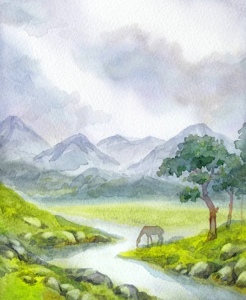 Hand drawn wind alpine artist watercolour paint sketch on paper backdrop. Text space on rural bush plant rocky land. Calm fall life old alp slope park artwork scene. Mount brook pond rainy scenic view