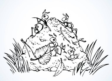 Büyük, kırmızı eklembacaklı, komik, organik toprak bacak. Ana hatlı kahverengi el çizilmiş büyük, eğlenceli formicary logo tasarımı. Çizgi roman tarzı sanat baskısı. Ayrıntılı makro görünüm ışık boşluğunu kapat