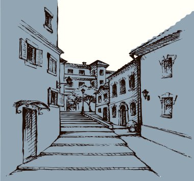Küçük romantik kırsal bölge manzaralı ortaçağ sokağı. Kırsal sahne kâğıdı resim tasarımı için çizilmiş siyah mürekkepli kalem el. Doodle sanat gravür stili metin alanı. Beyaz gökyüzü arkaplanı