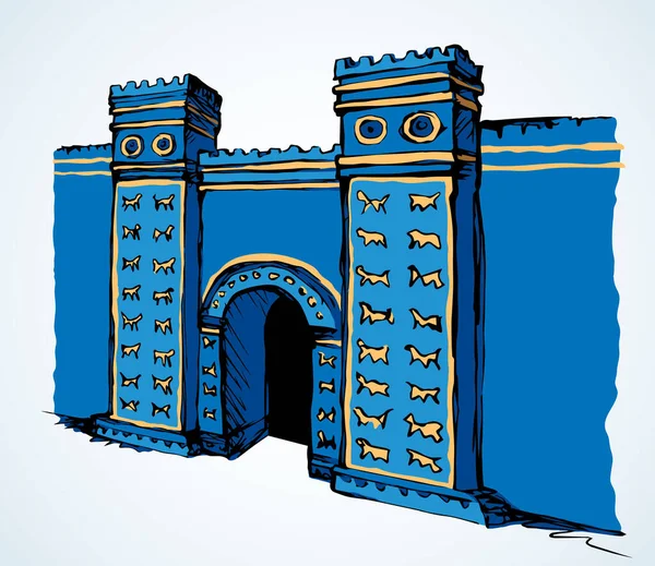 Ligne Couleur Bleue Lion Relief Animal Statue Brique Décor Babil — Image vectorielle