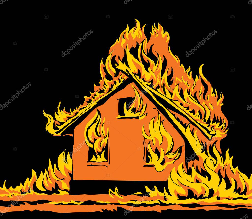 Closeup view red cottage estate exterior tragedy ruin. Light white paper text space. Outline black hand drawn hut property object safe life logo pictogram emblem concept design. Retro art doodle style