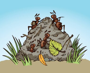 Büyük, kırmızı eklembacaklı, komik, organik toprak bacak. Ana hatlı kahverengi el çizilmiş büyük, eğlenceli formicary logo tasarımı. Çizgi roman tarzı sanat baskısı. Ayrıntılı makro görünüm ışık boşluğunu kapat
