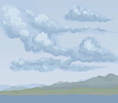 Gri cennet arkaplanındaki akarsu sisi manzarası. Koyu kasvetli renkli el, Gale Rock Mount 'ın çizim resmini karikatür grafik tarzında çizdi. Metin için telif alanı olan panoramik rüzgarlı sahne