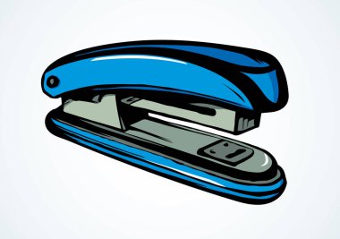 Kullanışlı pin birleştirme aygıtı yazı için açık masa masasında. Açık mavi renkli kalem çizilmiş öğrenci işi düz logotip amblem resim çizimi karikatür tarzında yarım yamalak. Yan makro görünümü kapat