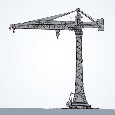Büyük metal pergel montaj yüksekliği yapı vinç stand üzerinde beyaz sky. Hırsızı iş kabin logosu. Çizgi siyah mürekkep el sanat retro doodle kroki karikatür tarzı kalem kağıt alanı metin için çizilmiş tel inşa ağırlık