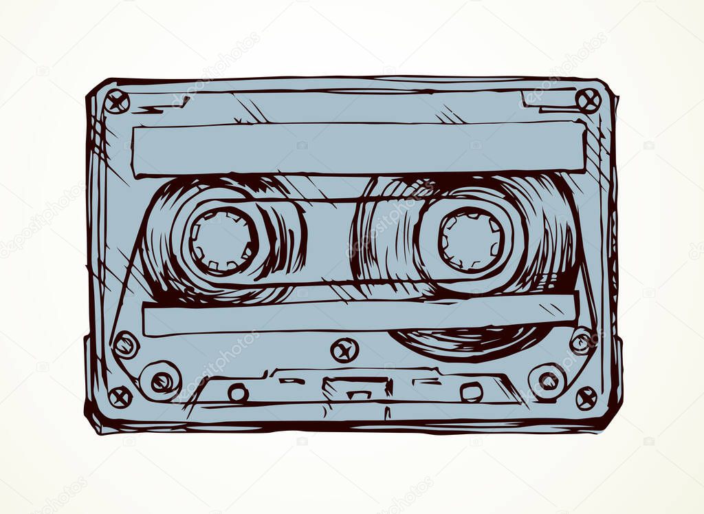 Aged casette design set on white backdrop. Freehand outline black ink hand drawn 90s pop audiocassette object logo pictogram badge sketchy in rock doodle style on paper space for text. Closeup view