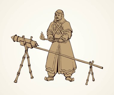 Etnik kumaş şapka üniforması, yay oku ve beyaz kağıtta izole edilmiş barut dinamiti olan yaşlı bir erkek genel kahraman. Çizgi siyah mürekkep el çizimi kuvvet simgesi simgesi çizimi sanat retro çizgi film tarzında