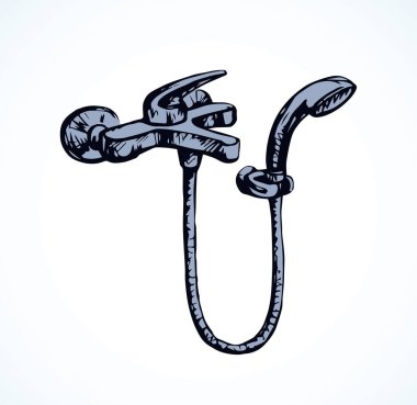 Beyaz banyo kabini arka planında çelik jet musluğu tasarımı. Siyah mürekkep çizili spa küveti obje amblemi resim retro doodle grafik çizgi film tarzı kalemle metin alanı üzerine çizilmiş