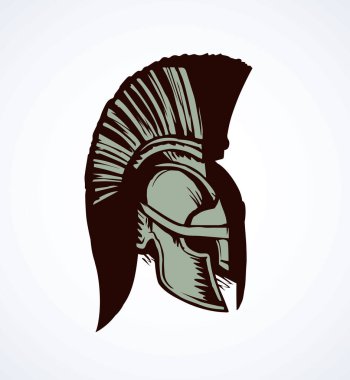 Beyaz arka planda altın Leonidas miğferi geçmiş bir tarih. El yazısı, siyah mürekkep çizimi, resim işareti, karalama, karikatür, kağıt üzerine retro kalem. Metin için boşluk olan kenar görünümünü kapat