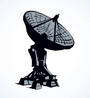Beyaz arka planda izole büyük modern dünya çapında hava C Band TV kule sistemi. Özgür anahat mürekkep el çizilmiş logo piktogram çizim sanat Doodle retro tarzı kağıt üzerinde alan ile gökyüzü metin