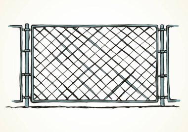 Demir Mma alın gözaltına chainlink çerçeve çit section Ögesi beyaz gökyüzü zemin üzerinde bar. Siyah çizgi çizilmiş tasarım logo işaret modern sanat doodle tarzda kroki. Bakış metin için yer ile kapatmak