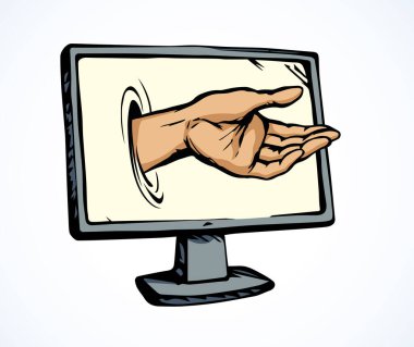 Düz lcd UI tv hasta aygıt yardım risk sorunu uygulaması üzerinde beyaz metin için yer. Dilenmek Yardım veri ulaşmak parmak sor. Karikatür grafik vektör çizilmiş yasadışı net casus bozuk hırsız adam vermek tutun bilgi hediye işareti simgesi