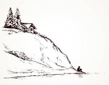 Ahşap çam kulübe yüksek nehir cliff üzerinde. Üzgün sakin yalnız genç kız beyaz gökyüzü üzerinde metin için yer. Siyah mürekkep grafik stili vahşi bahar Alp waterfront gölet doğal görünümü resim sanat vintage elinde çizilmiş