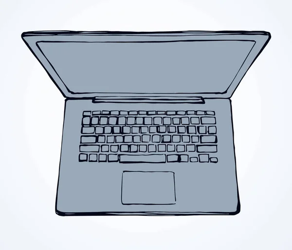 白いテーブルの背景にLcdのMacbookタイプを空にします 概要インクハンドは Macのネットブックを描いた テキストのための紙のスペース上の現代美術のドアスタイルでWw社会的なオンラインデータレイアウトのロゴのエンブレム ビューを閉じる — ストックベクタ