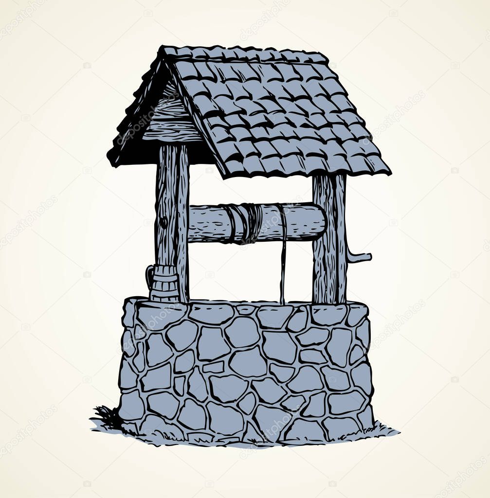 Vintage rusty stone well covered tiled roof in green village yard. Vector monochrome freehand linear ink drawn background sketchy in art scribble antique style pen on paper with space for text on sky