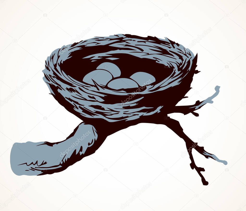 New twig woven eco birdnest on white backdrop. Line black ink hand drawn birdie embryo food object logo emblem sketchy in retro art doodle style pen on paper space for text. Closeup outline april view