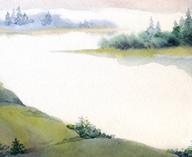 Açık kağıda elle çizilmiş suluboya resim. Yazı uzayı. Taze taiga tarlası çalılığı. Çalı bitkisi, kayalık arazi. Sessiz bulutlu sonbahar hayatı eski Alp Slope Park sanat eserleri sahnesi. Pond Creek Körfezi manzaralı