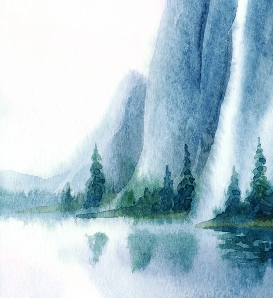 Dusk Watercolour Paint Cloudy Fog Pond Rocky Scene Paper Backdrop — Stock Photo, Image