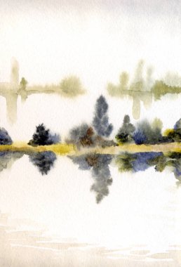 El çizimi suluboya resim çizimi kağıt metin alanı. Kırsal sakin çalı çalısı, çalı tarlası, dere yatağı, sel, yağmur manzarası. Serin bahar sisli sonbahar kumsal eski sanat eserleri sahnesi