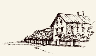 Yaşlanmış kalem şirin tarihi bina manzaralı sahne arkaplanı. Siyah mürekkep el çizilmiş bahar villa işaret simgesi resim sanat retro doodle biçiminde oyma kalem beyaz kağıt metin alanı üzerinde