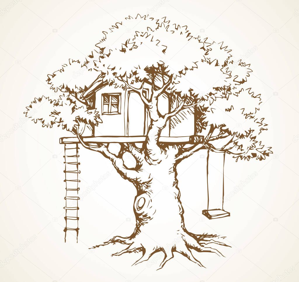 Cute old rural spring plant foliage rope small toy outside camp club terrace on white sky. Outline black ink hand drawn funny little line logo icon sign symbol picture design in retro art doodle style