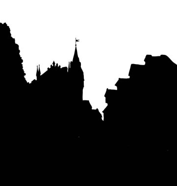 Ortaçağ romantik yaz Kyiv merkezi Andrew Meydanı sahnesi. Koyu mürekkep, karikatür baskı tarzında, kırsal manzaralı bir resim çizmiş. Akşam gün batımında metin alanı