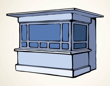 Yerel alışveriş merkezinin dışında bir butik standı var. Beyaz metin alanı. Siyah çizgili el boş meyve lokantası sembolü. Sanat retro kitap tarzında küçük kentsel dondurma rafı.