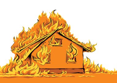 Yakın plan kırmızı kır evi manzaralı dış trajedi harabesi. Açık beyaz kağıt metin alanı. Siyah el çizimi kulübe özelliği güvenli yaşam logosu piktogram konsept tasarımı. Retro sanat karalama biçimi