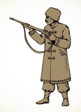 Sport shot tabanca karabina simgesi tabela ana hatları siyah el çizimi güvenlik, hedef mermisi misket tüfeği saldırısı. Antik çağda insan Kazak şapkası, kumaş koruma asker nişancı çizgisi sanat tarzı beyaz metin alanı