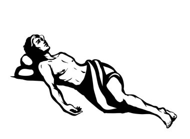 Yunan sağlıklı kurban rahatlaması. Yatak odasındaki kanepede. Siyah çizilmiş yetişkin Roma hasta portre ikonu resmi. Eski kutsal Yahudi İncil 'i. Yahudi saçı. İbranice karikatür tarzı.