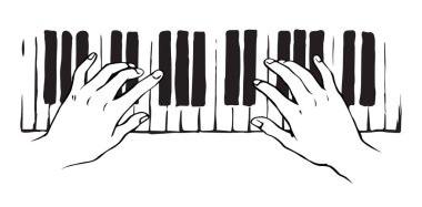 Beyaz arka planda iki bayanın avuç içi baskısı. Çizgili kadın logosu. Siyah mürekkep, modern sanatsal karikatür tarzında yaratıcı iş kavramını kağıda yazı için çizmiş. Üst görünümü kapat