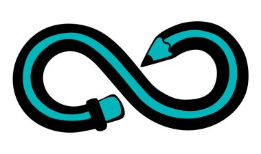 Beyaz malzeme arka planında uzun tahta kalem ucu resmi. Düz çizgi mavi mürekkep el çizimi web nesnesi amblemi resim taslağı taslak modern sanatçı doodle tarzı. Metin için sonsuz 8 ok kare çerçeve kenar aralığı
