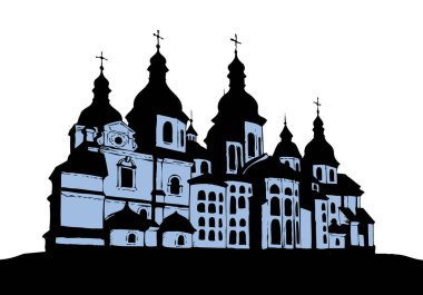 Kiev başkentinin tarihi ortodoksi Aziz Sophia minster binası. El yazması siyah mürekkep çizilmiş logo simgesi resmi geçmişe dönük ressamlar için beyaz kağıt boşluk üzerine çizgi film tarzı kalem çizer