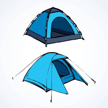 Açık gezici tatil köyü tente yerleşimi beyaz arka planda. Parlak sarı kireç rengi logo çizimi modern karalama şeklindeki kalemle kağıda çizilmiş. Metin için yakın görünüm ve boşluk