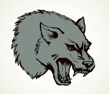 Güçlü, büyük, kötü, ürkütücü, gri, kutup katili göz beyaz mesaj alanı. Çizgi siyah mürekkep, hayvanat bahçesindeki öfke, korku, logo, piktogram, simge, simge tasarımı, retro sanat baskısı tarzında. Vintage görünümünü kapat