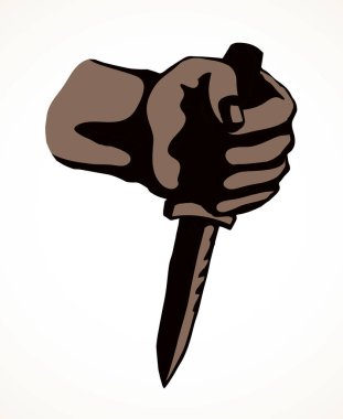 Yaşlı aşçı aşçı, büyük mutfak kesicisi. Hırsız soyguncuların saldırısına uğramakla tehdit ediyor. Polis logosu çizilmiş sanat metni tasarımı. Yakından bakınca korkunç umutsuzluk istismarı tehdit edici aşçı gerilim filmi