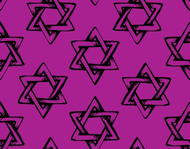 Eski Yahudi Musevi Hanuka Şekli mirası arka planı. Tanrı Torah Chanukah Yahudi Günü logosu amblemi. Siyah mürekkeple çizilmiş zion etnik hannukah eskizi retro sanat karalama çizgi filmi tarzında parlak mor düşkün