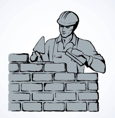 Tamirci adam beyaz gökyüzü arka planında yeni bir katman inşa etmiş. Siyah siluet çizilmiş ustabaşı taş ustası, yazılar için uzayda retro sanat karikatür tarzında ustalık simgesi oluşturdu.