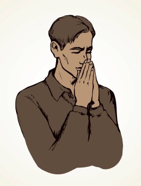 Genç üzgün üzgün üzgün üzgün, güzel diz çökmüş adam açık beyaz alanda Tanrı 'dan mesaj istiyor. Siyah çizgi mürekkebi yan çizilmiş. Teşekkürler. Yalvar, yalvar, yalvar, avuç içi, saflık, yetişkin logosu, işaret simgesi, eskiz, retro sanat tarzı.