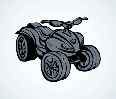 Üç tekerlekli kuadbike motor makinesi açık çöl arka planında. Anahat siyah mürekkep el çizilmiş eğlenceli off-road dört-track lastik scooter logo tasarımı modern sanat karalama tarzı kalem metin alanı üzerine