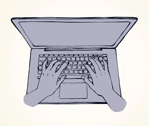 白いテーブルの机の背景にLcdのMacbookキーパッド ブラックラインはネットブックを牽引した テキスト用のパッドスペース上の現代美術のドアスタイルで社会データキーのアイコンの記号のスケッチをスワウ 上のビューの上にあるヤシのプッシュを閉じる — ストックベクタ