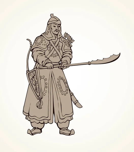Etnik Kumaş Şapka Üniformalı Yaşlı Bir Erkek Kahraman Figürü Guan — Stok Vektör
