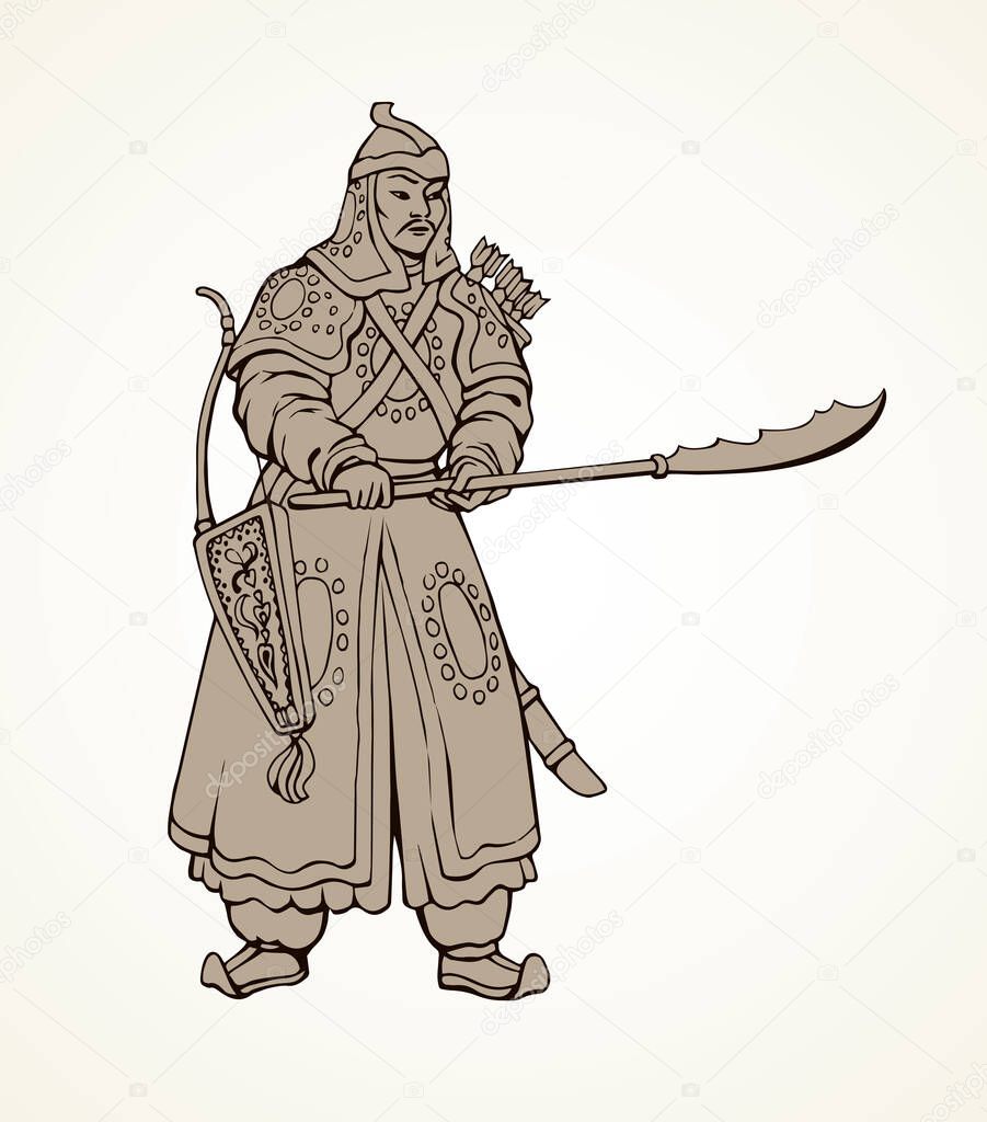 Aged male general hero figure with ethnic cloth hat uniform, guan dao, bow arrow isolated on white paper background. Line black ink hand drawn symbol icon sign image sketch in art retro cartoon style