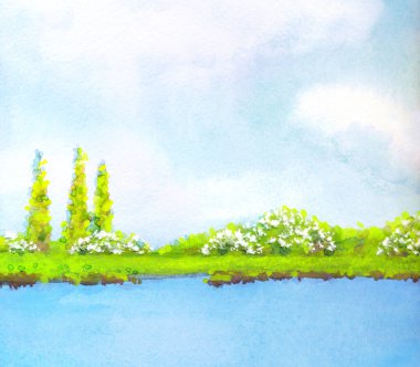 Parlak mavi renkli boyalı el, soyut suluboya yaşlı ressam eskizini kâğıt arkaplanda günbatımı sahnesine çizmiş. Sanat eserleri çim çiçekleri manzaralı sakin dere kıyısı manzaralı