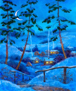 Kağıt zemin üzerine çizilmiş parlak mavi suluboya resim çizimi. Sessiz karlı kış akrilik yeni yıl manzaralı alacakaranlık. Canlı renkli el yapımı eski kırsal manzara manzarası. Xmas tatil kartı