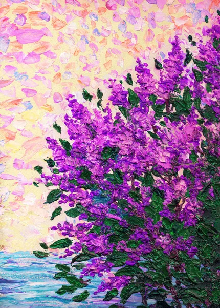 Elegant Gouache Sommar Havsutsikt Vibrerande Lavendel Romantisk Hand Dras Akryl — Stockfoto