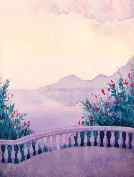 Bright color hand drawn watercolour paint sketch artwork style scene on light backdrop. Text space cloudy heaven. Old lush pink calm rocky mount cliff tree plant at quiet purple pond bay scenic view