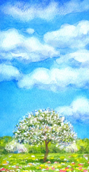 色彩艳丽的明亮的水彩画在纸的背景图片上 有文字空间 不同季节 蓝天中的白色积雪草 覆盖在山谷 绿树成荫 野花和冷杉在地平线上 — 图库照片