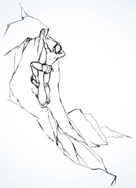 Bir genç, sağlıklı çocuk dağcı. Başarılı olmak zor. Beyaz gökyüzü mesaj alanı. Siyah çizgili adam halat sallıyor yükselen duvar tepesi uçurumu zirvesi. Deniz manzaralı eskiz çizimi çizgi film tarzını kapat