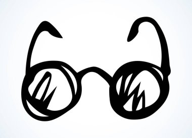 Yakın çekim erkek hippi cam mercek oküler modeli. Serbest doğrusal çizilmiş düz düz adam saati metal obje amblemi piktogram tasarımı giyer. Retro sanat karalama çizgi film biçimi beyaz metin alanı